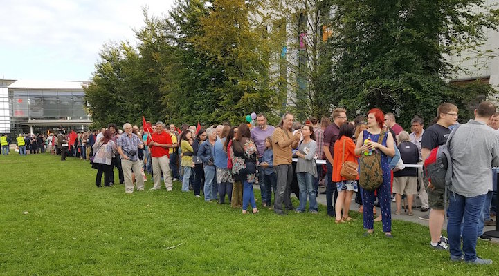 Jeremy Corbyn supporters snaked around Swansea’s LC2 leisure complex