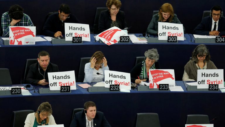 MEPs protest Syria strikes during Macron’s call for EU unity