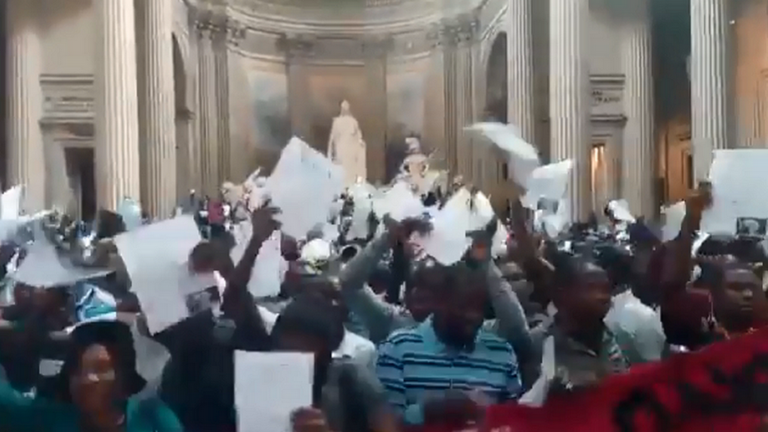 Undocumented ‘Black Vest’ migrant protesters occupy Pantheon in Paris, demand papers