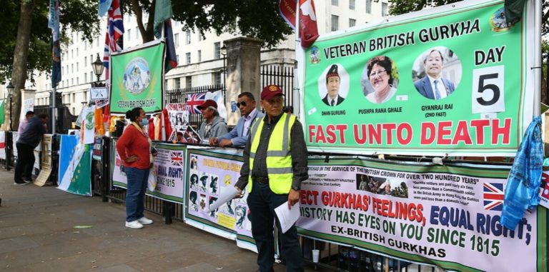 British Army Gurkha veterans stage 5th day of hunger strike outside Downing Street to demand equal pensions