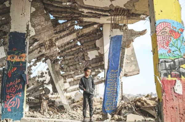 In pictures: Gaza artists turn rubble of homes destroyed by Israel into vibrant works of art