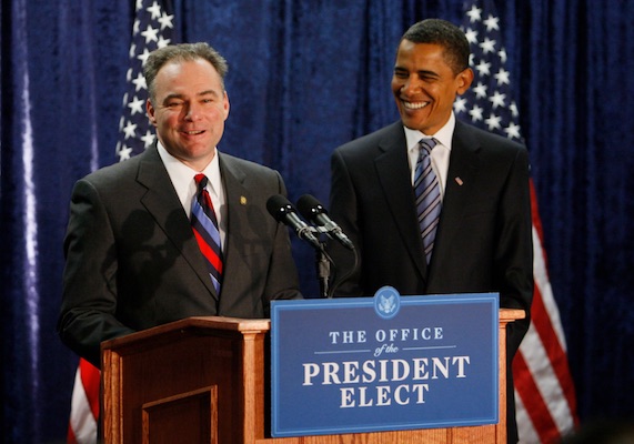 President Obama and Democratic vice-presidential nominee Tim Kaine