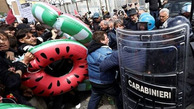 Pro-Palestinian protesters clash with police on closing day of G7 meeting