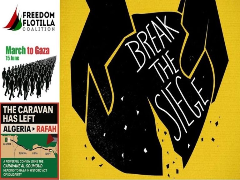 Briser le siège de Gaza par la mer, par la terre, par l’air. La Coalition de la flottille de la liberté, la Marche mondiale vers Gaza et la Caravane Sumud unissent leurs forces